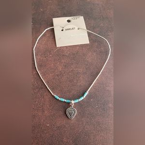 New! Liquid Silver Dangle Heart Anklet - Turquoise colored beads